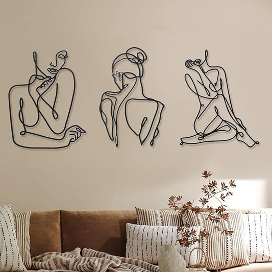 Photect 3 Pcs Metal Wall Art Decor Minimalist Abstract Woman Wall Art Metal Modern Line Drawing Decor Female Single Line Home Hanging for Bedroom Bathroom Living Room Christmas Housewarming(Modern)