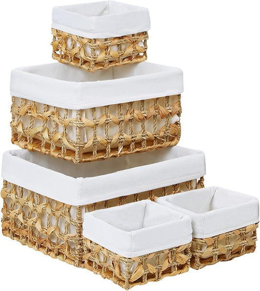 Vagusicc Wicker Storage Basket, Rectangular Wicker Baskets for Storage, Woven, Water Hyacinth and Seagrass Storage Baskets for Organizing, Cube Storage Bins for Closet/Clothes/Dresser, Beige, 5-Pack