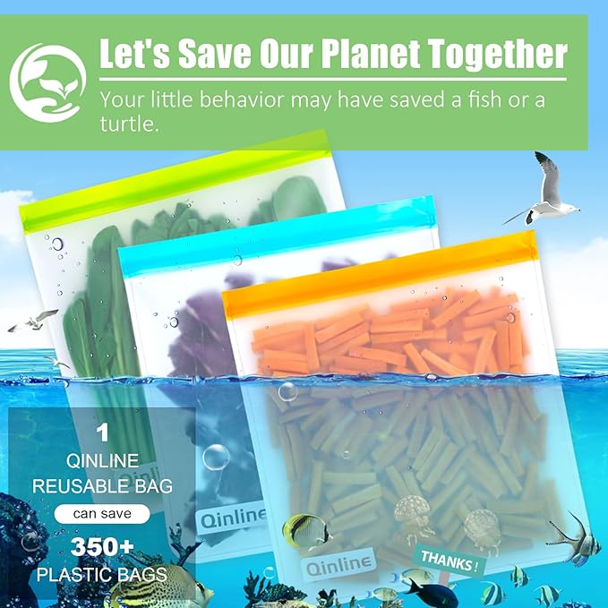 Reusable Gallon Food Storage Bags - 10 Pack Extra Thick Reusable Gallon Freezer Bags Leakproof Plastic Free Lunch Bag