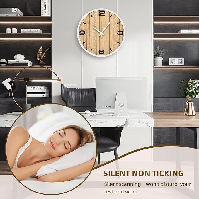 12 Inch Round Wall Clock Wooden - Battery Operated Silent Decorative Analog Clocks for Apartment, Bedroom, Kitchen, Entryway, Classroom - Fits Farmhouse/Modern Home Styles