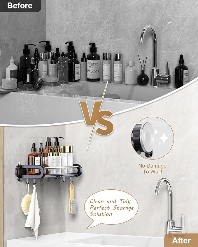 JOTPE Suction Cup Shower Shelf, Removable Shower Caddy Suction Cup with Large Capacity, Storage Suction Powerful Max Hold 22lbs, No Drilling Shelves for Bathroom Storage & Home Decor, Black