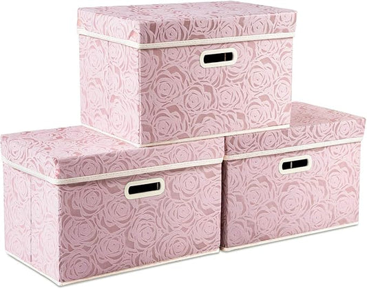 PRANDOM Collapsible Storage Boxes with Lids Fabric Decorative Storage Bins Cubes Organizer Containers Baskets with Cover Handles Divider for Bedroom Closet Living Room 14.9x9.8x9.8 Inch 3 Pack