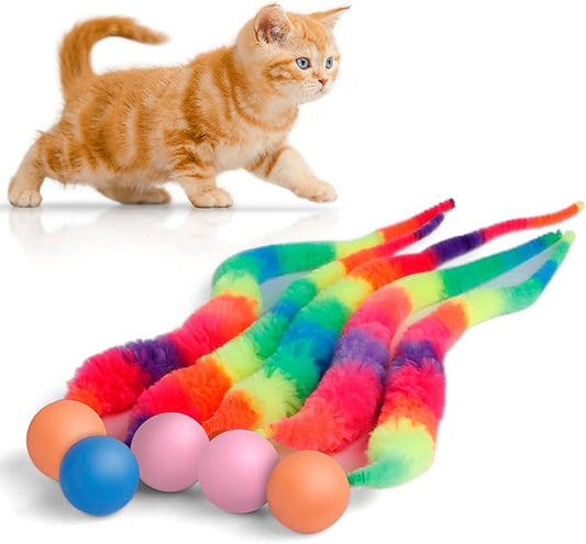 SHENGSEN Bouncy Ball with Tail Cat Toys-5 Packs,Rainbow Large Magic Worm with Ball Toy for Cats,Colorful Fuzzy Worm Bouncy Balls Cat Toy