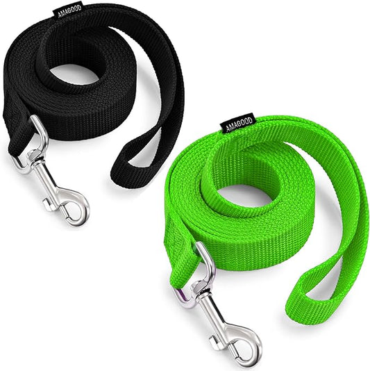 AMAGOOD 6 FT Puppy/Dog Leash, Strong and Durable Traditional Style Leash with Easy to Use Collar Hook, Great for Small, Medium and Large Dogs (1" x 6 ft, Black and Green (2-Pack))
