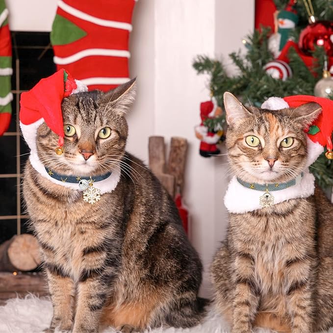 2 Pack Cotton Breakaway Cat Collar with Bell Dark Blue & Light Blue White Snowflake Pendant Cute Kitten Cat Collar Suitable for Girls and Boys