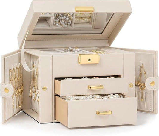 TORIBIO Jewelry Box for Women, Leather Jewelry Organizer with Mirror & Lock, 3-Tier Jewelry Storage Organizer with 2 Drawers for Girls/Women/Mothers, Necklace Earring Bracelets Holder Organizer