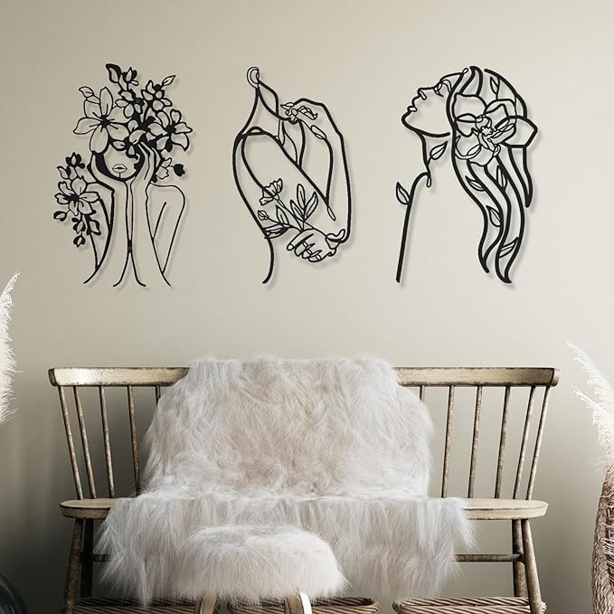 Photect 3 Pcs Metal Wall Art Decor Minimalist Abstract Woman Wall Art Metal Modern Line Drawing Decor Female Single Line Home Hanging for Bedroom Bathroom Living Room Christmas Housewarming(Stylish)