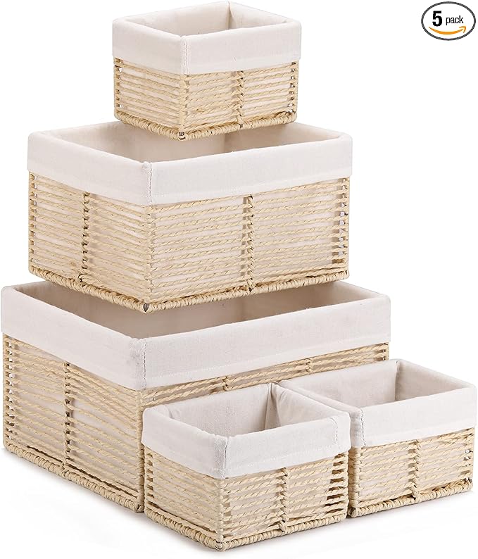 Vagusicc Wicker Storage Basket, Hand-Woven Paper Rope Basket, Rectangular Small Basket for Organizing, Cube Storage Bin for Closet/Clothes/Dresser, Beige, 5-Pack
