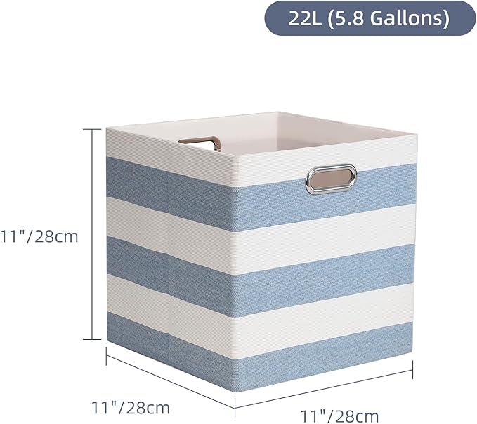 11x11 Cube Storage Bins, Collapsible Fabric Storage Cubes, Cubby Storage Organizer Bins Striped Container Baskets for Organizing Home Office Wardrobe Closet Shelf, Pack of 4, Blue/White