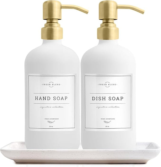 Vine Creations Glass Soap Dispenser, 2 Pack Kitchen Soap Dispenser Set with Ceramic Tray, Stainless Steel Pump, Dish Soap and Hand Soap Dispensers for Bathroom or Kitchen Decor with Waterproof Labels