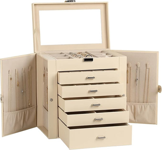 Frebeauty Large Jewelry Box,6-Tier PU Leather Jewelry Organizer,Multi-functional Storage Case with Mirror,Accessories Holder with 5 Drawers for Necklace Bracelets Watches(Beige)
