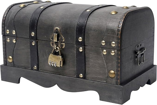 Vintage Wooden Treasure Chest Decorative Box with Lock - 12.2" x 7.1" x 7.1", Black