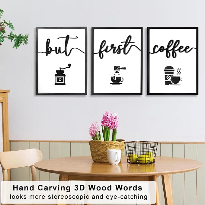3D Wood But First Coffee Sign, Framed Coffee Bar Wall Decor Wall Art for Dining Room Kitchen Home Office (Ready to Hang, 12x16 inches, Set of 3, Framed)
