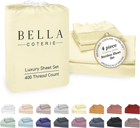 Bella Coterie Luxury Bamboo Viscose Queen Size Sheet Set | 100% Organically Grown | Ultra Soft | Cooling for Hot Sleepers | 18" Deep Pocket [Lemonade]