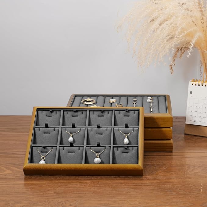 Oirlv Solid Wood Stackable Jewelry Organizer Tray Jewelry Drawer Organizer(Grey)