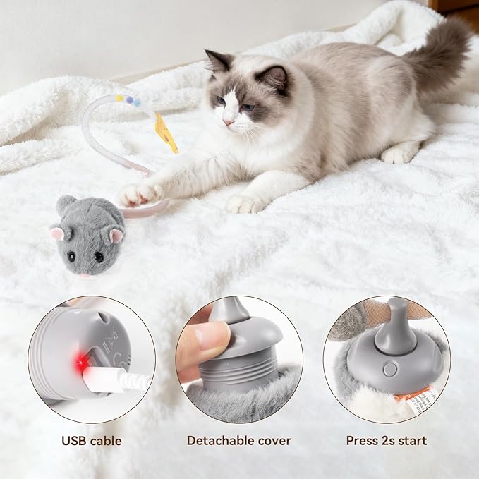 Migipaws Interactive MigiMouse Cat Toy 360° Rolling & Spin with Wiggling Tail for Indoor Cats Smart Motion Sensor, Realistic Squeak, Rechargeable Plush Kitten Toy(Grey)