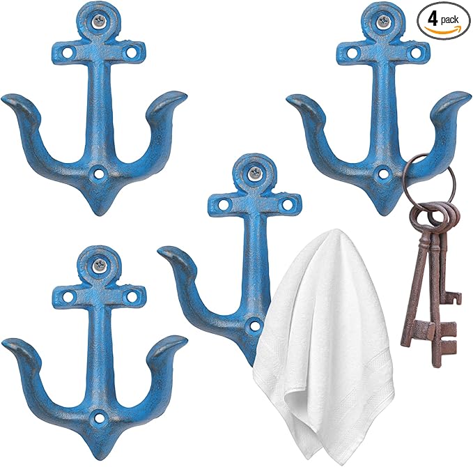 XINGYAN Vintage Rustic Cast Iron Nautical Sea Anchor Design Wall Hooks,Home Coat Rack,Decorative Wall Mounted Antique Shabby Chic Metal Bathroom Towel,Coat Hooks,Hanger,Screws Inside (Blue[4pcs])