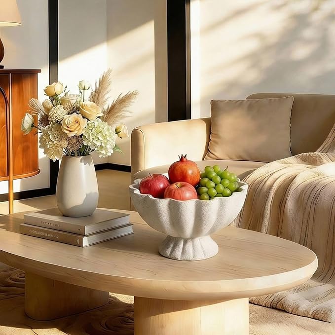 Pedestal Decorative Bowl Home Decor - Morden Resin Handmade Decorative Fruit Bowl for Kitchen Counter, Chic Ruffle Bowl Centerpiece Decor for Dining Table Coffee Table (Spotted White)