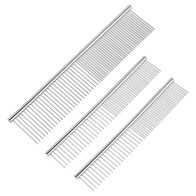 BEVTEE Dog Combs for Grooming Matting, 3 Pack Metal Comb for Pet Cat Greyhound Poodle Doodle, Removing Tangles & Knots, 6.3"/7.4"