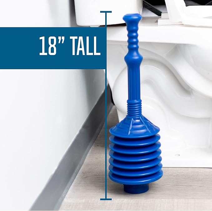 JS Jackson Supplies Professional Bellows Accordion Toilet Plunger, High Pressure Thrust Removes Heavy Duty Clogs from Clogged Bathroom Toilets, All Purpose Power Plungers for Bathrooms, Cobalt