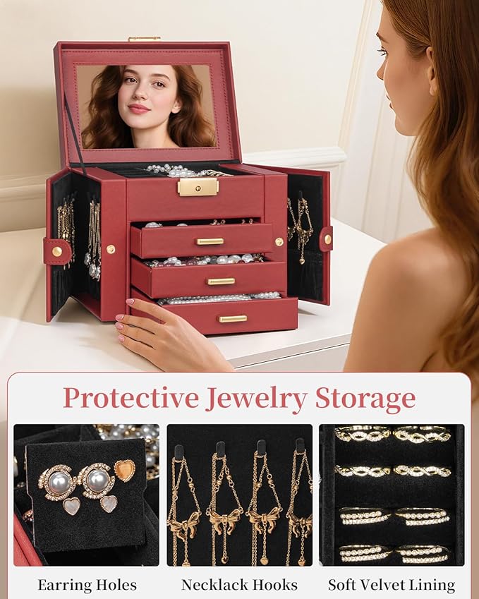 TORIBIO Jewelry Box for Women, Leather Jewelry Organizer with Mirror & Lock, 4-Tier Jewelry Storage Organizer with 3 Drawers for Girls/Women/Mothers, Necklace Earring Bracelets Holder Organizer