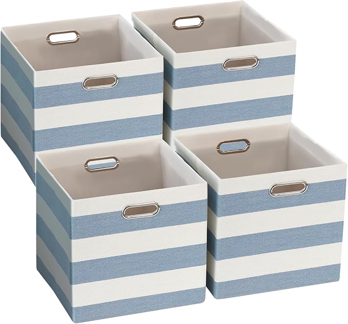 11x11 Cube Storage Bins, Collapsible Fabric Storage Cubes, Cubby Storage Organizer Bins Striped Container Baskets for Organizing Home Office Wardrobe Closet Shelf, Pack of 4, Blue/White