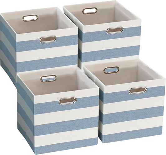 11x11 Cube Storage Bins, Collapsible Fabric Storage Cubes, Cubby Storage Organizer Bins Striped Container Baskets for Organizing Home Office Wardrobe Closet Shelf, Pack of 4, Blue/White