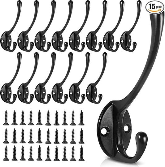 Wall Hooks for Hanging, 15-Pack Heavy Duty Metal Coat Hooks, for Living Room, Bathroom, Kitchen, Bedroom for Coat, Towel, Hat, Key, Closet, Bag (Black)