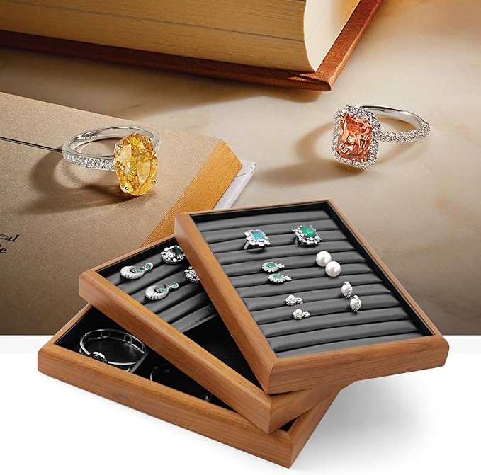 Oirlv Solid Wood Stackable Jewelry Organizer Tray Jewelry Drawer Organizer(Black)