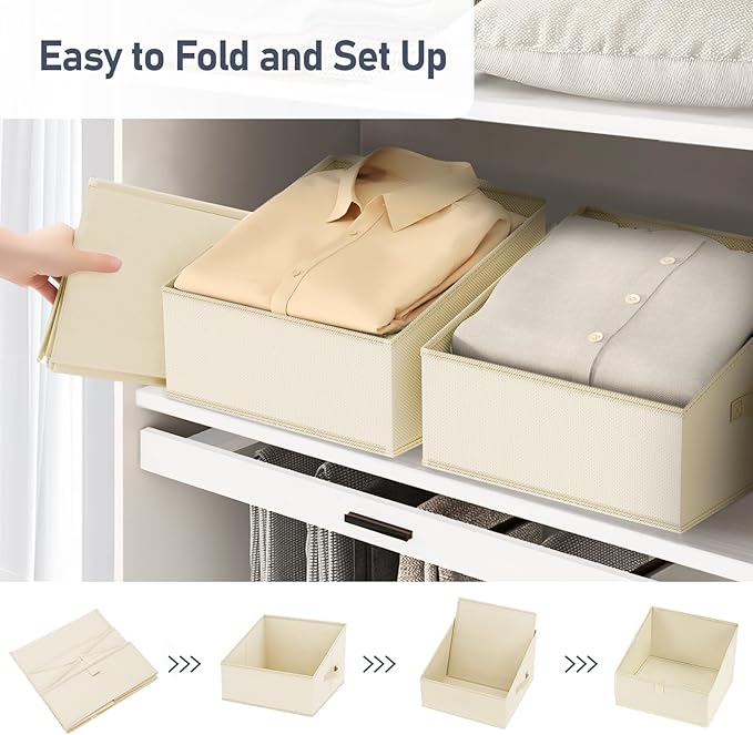DIMJ Closet Storage Bins - Fabric Storage Baskets for Shelves, Collapsible Clothes Organizer with Handles for Purse, Toys, Books, Towel, Clothes, 6 Pack, Beige
