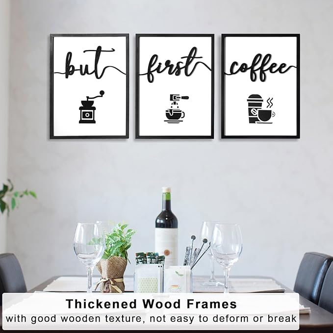 3D Wood But First Coffee Sign, Framed Coffee Bar Wall Decor Wall Art for Dining Room Kitchen Home Office (Ready to Hang, 12x16 inches, Set of 3, Framed)