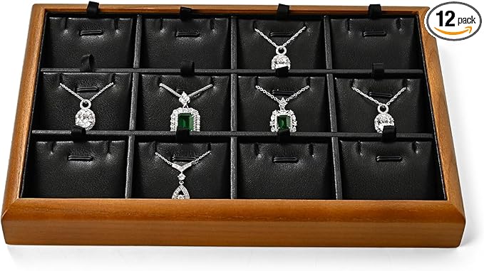 Oirlv Solid Wood 12 Grid Liner Pendant Jewelry Organizer Tray Jewelry Drawer Organizer(Black)