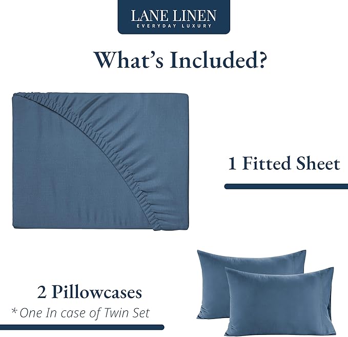 LANE LINEN Full Size Fitted Sheet, 100% Organic Cotton, 3Pc Set (1 Fitted Sheet,2 Pillowcases), Percale Weave, Bottom Sheet, Breathable, Fits Mattress Upto 15" Deep - Navy(No Flat Sheet)