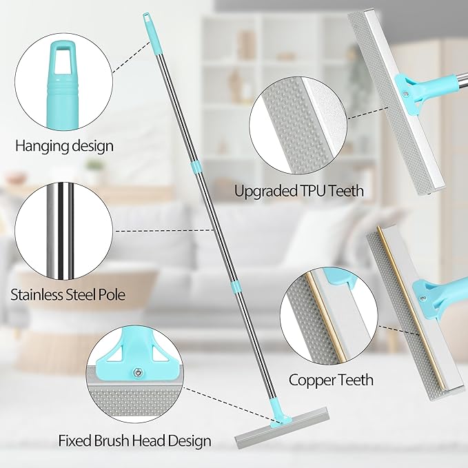 Carpet Rake for Pet Hair Removal Tool, 2 in 1 TPU and Copper Rake Teeth, Uproot Clean Hair Remover with 54’’ Adjustable Long Handle, Reusable Cat & Dog Fur Broom for Carpets,Rugs, Mats,Car