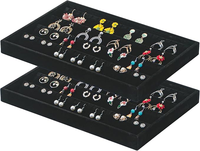 Coward 2PC Black Velvet Stackable Earring Tray Drawer Jewelry Holder Organizer Box Storage Earring Display Stand for Home Drawer or Store Selling (earring+earring)