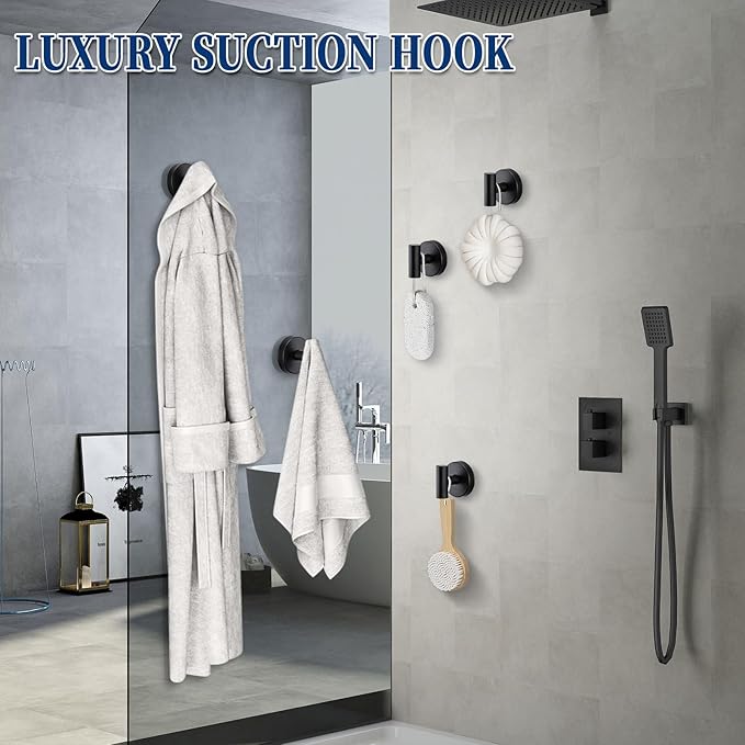 Heavy Duty Reusable Suction Cup Hooks for Shower - No Drill Bathroom/Glass/Mirror/Tiles & Metal and Smooth Non-Porous Surfaces for Towels, Robes, Loofahs(4, Matte Black)