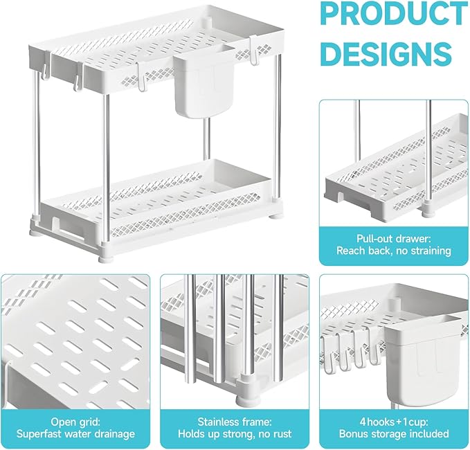 Under Sink Organizer, 2 Tier Pull Out Cabinet Organizer with Hooks Hanging Cup, Easy Installation & Rust-resistant, Multi-Purpose Storage Shelf for Kitchen Bathroom Pantry (White, 2 Pack)