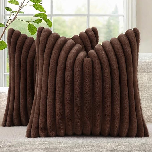 decorUhome Faux Fur Throw Pillow Covers 20x20 Set of 2, Decorative Soft Plush Striped Neutral Couch Euro Pillow Covers with Velvet Back for Sofa, Bed, Living Room Home Decor, Dark Brown