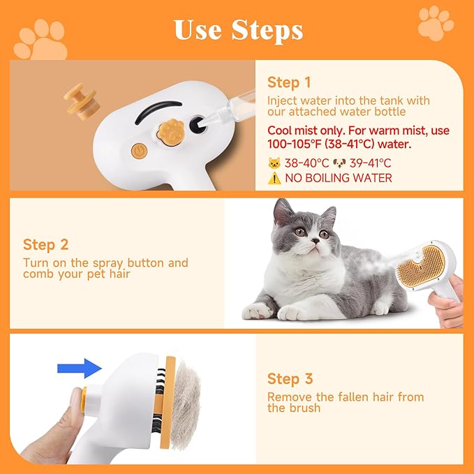Pet Steam Brush for Dog & Cat – shower bath brush – Steam for Shedding & Grooming Water Brush for Long & Short Haired Pets Spritz Defur Comb 3-in-1 Spray Hair Removal Comb Includes 1*Waterless Shampoo