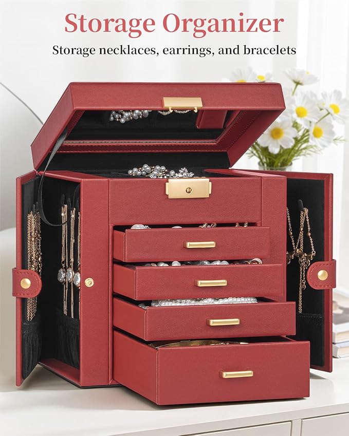 TORIBIO Jewelry Box for Women, Leather Jewelry Organizer with Mirror & Lock, 5-Tier Jewelry Storage Organizer with 4 Drawers for Girls/Women/Mothers, Necklace Earring Bracelets Holder Organizer