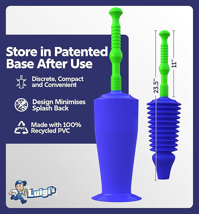 Luigi's Toilet Plunger - Unclogger Plungers for Bathroom - Heavy Duty Clog Remover with Effective Unblocker Bellows Design - Remover Tool to Unblock Toilet Blockage - Blue