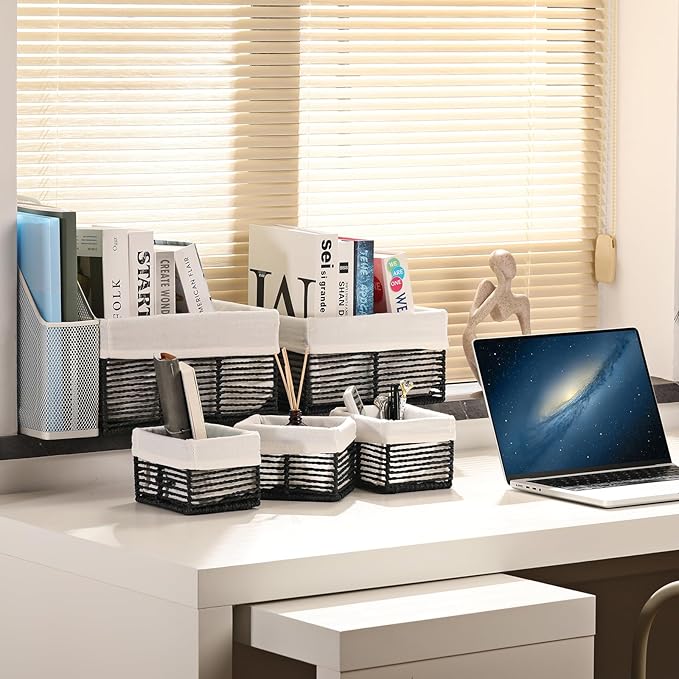 Vagusicc Wicker Storage Baskets, Hand-Woven Paper Rope Black Baskets for Storage, Rectangular Small Wicker Baskets for Organizing, Cube Storage Bins for Closet/Clothes/Dresser, Black, 5-Pack