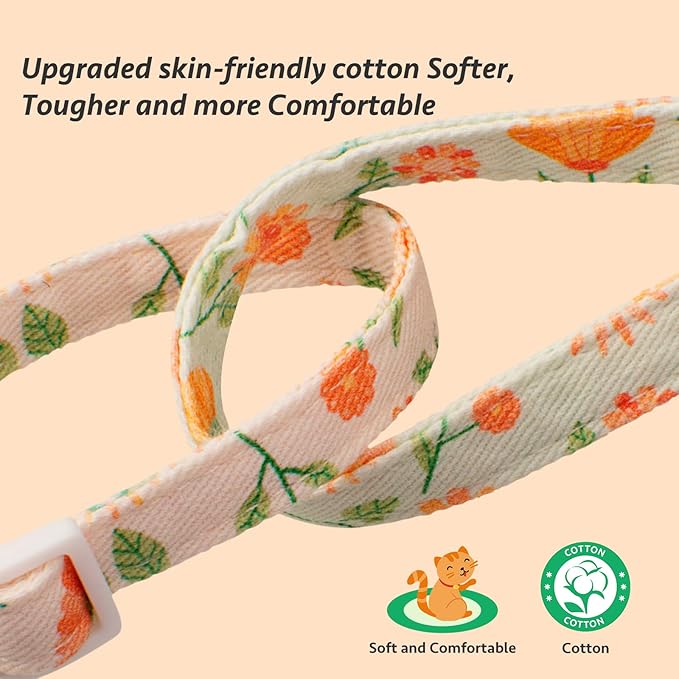 2 Pack Cotton Breakaway Cat Collar Beige and Green Flowers Pendant Cute Kitten Cat Collar with Bell