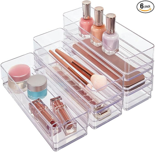 STORi SimpleSort 6-Piece Stackable Clear Drawer Organizer Set | 9" x 3" x 2" Rectangle Trays | Narrow Makeup Vanity Storage Bins and Office Desk Drawer Dividers | Made in USA