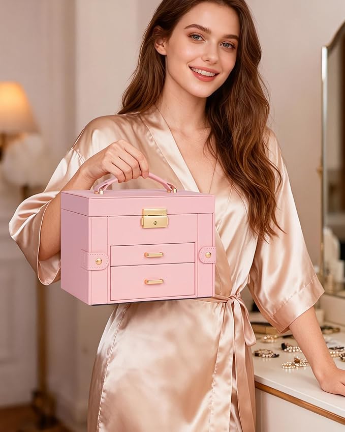 TORIBIO Jewelry Box for Women, Leather Jewelry Organizer with Mirror & Lock, 3-Tier Jewelry Storage Organizer with 2 Drawers for Girls/Women/Mothers, Necklace Earring Bracelets Holder Organizer