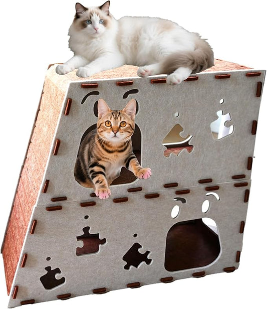 Stackable Felt Cat Tunnel Bed for Indoor Cats - Multi-Functional Cozy Cat Cave with Scratch Pad and Ball Toy, 2-Layer 23.6/27.6 inches Cats Condo for Kittens and Adults, Beige or Brown