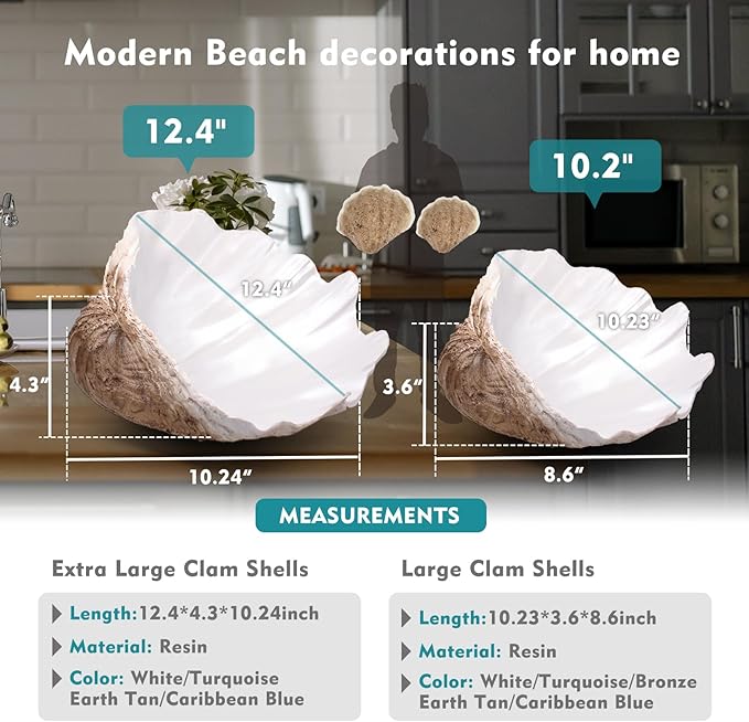 Large EarthTan-White Sea Shells Decorative Bowl Resin Clam Shell Bowl Beach Decorations for Home Coastal Beach Decor Decoration Storage Bowls & Home Office Nautical Themed Party Decor -10.2"-1PC