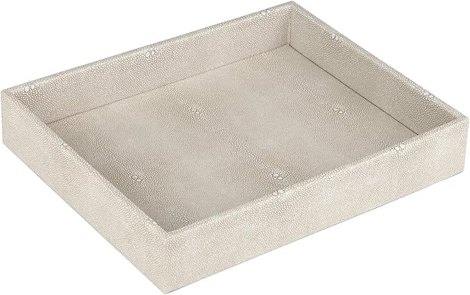 HofferRuffer Elegant Desktop Organizer, Vanity Tray, Bathroom Storage Tray Holder, Dresser Jewelry Tray, Change Coin Key Watch Catchall Tray, 10.2 x 8.4 x 1.8 inches (Light Grey Faux Leather Shagreen)