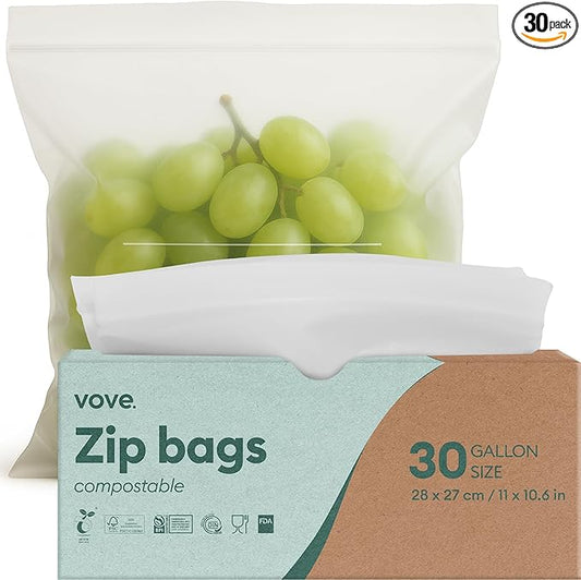 Vove Compostable Gallon Bags, Extra Large 30 Count – Freezer Safe, Leak Proof, Non Toxic Food Storage for Meal Prep & Snacks, Plant-Based Eco Bags