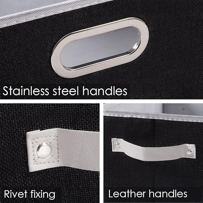 PRANDOM Fodable Storage Bins for Closet [3-pack] Decorative Fabric Storage Baskets Cubes with Leather/Metal Handles for Shelves Bedroom Living Room Black (11.5x8.5x6.7 Inch)